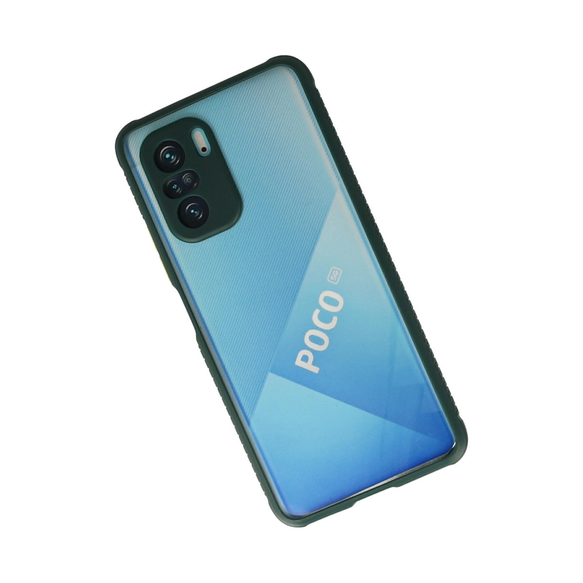 Siyah kılıflı, arkasında üç kamera bulunan açık mavi bir akıllı telefon.