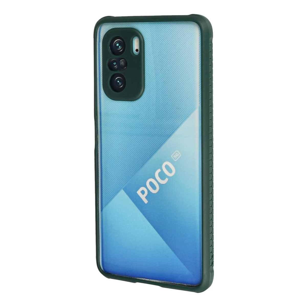 Mavi arka ve yeşil kılıflı akıllı telefon. POCO 5G logosu.