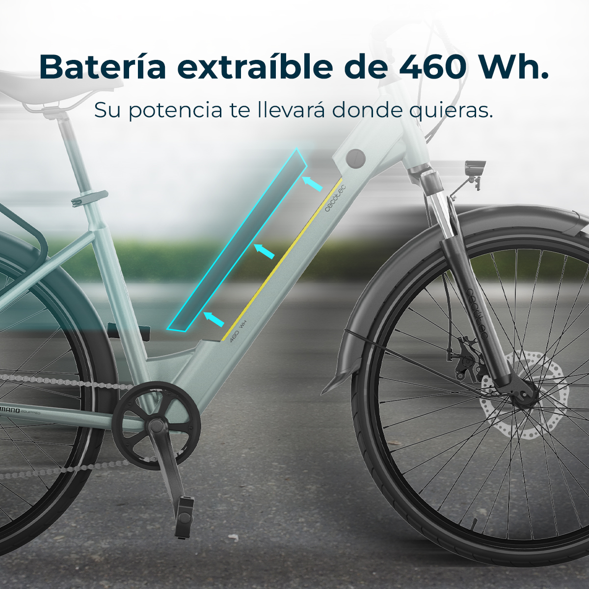 Ein hellblaues Fahrrad mit einer hervorgehobenen abnehmbaren 460-Wh-Batterie.