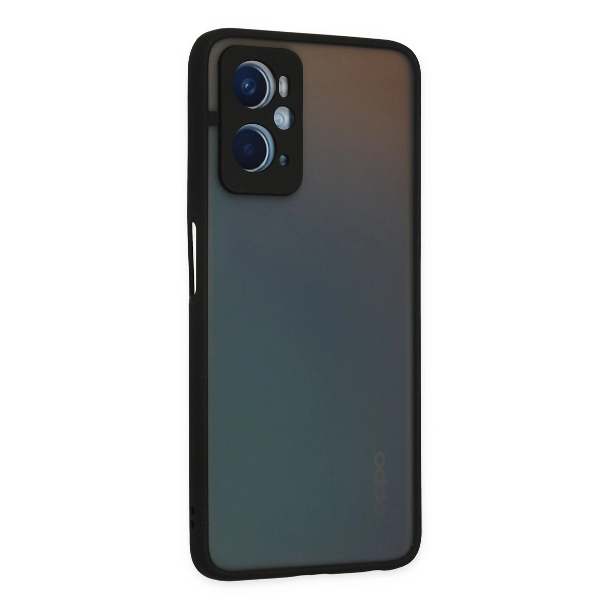 İki kameralı koyu renkli telefonun arkası ve Oppo logosu.