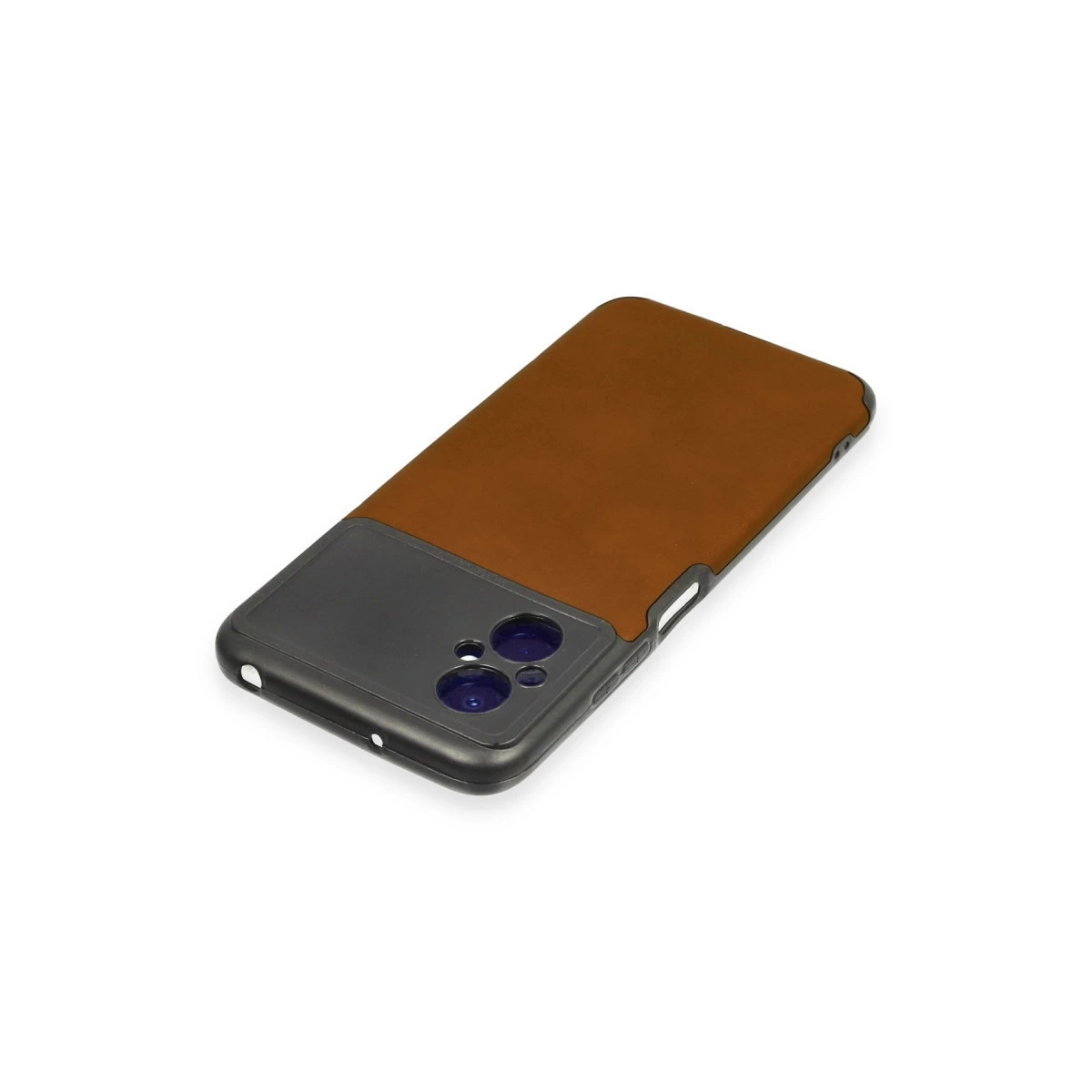 Beyaz zeminde kamera kesimli kahverengi ve gri telefon kılıfı.