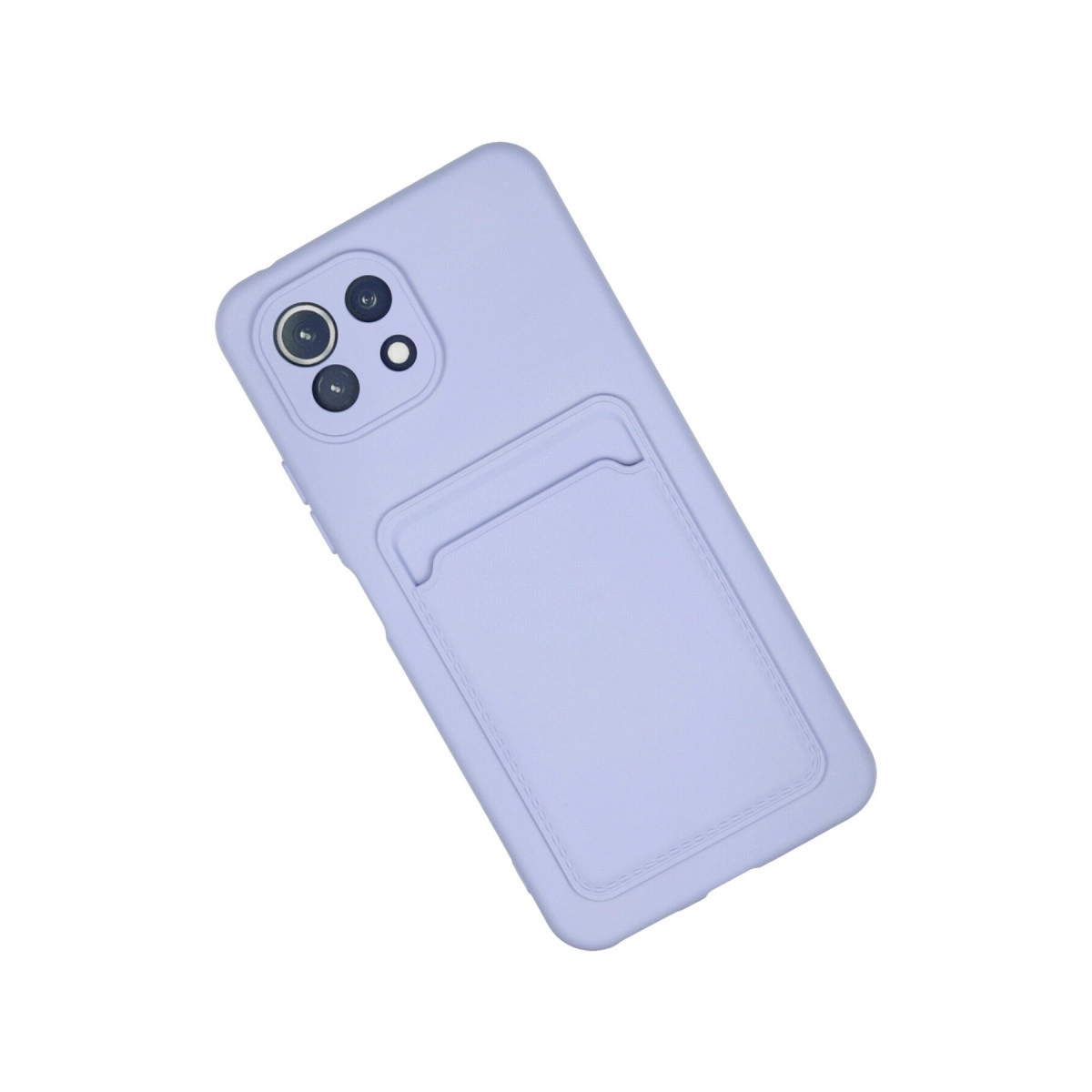 Beyaz arka plan üzerinde kart bölmeli ve kamera açıklıklı açık mor telefon kılıfı.