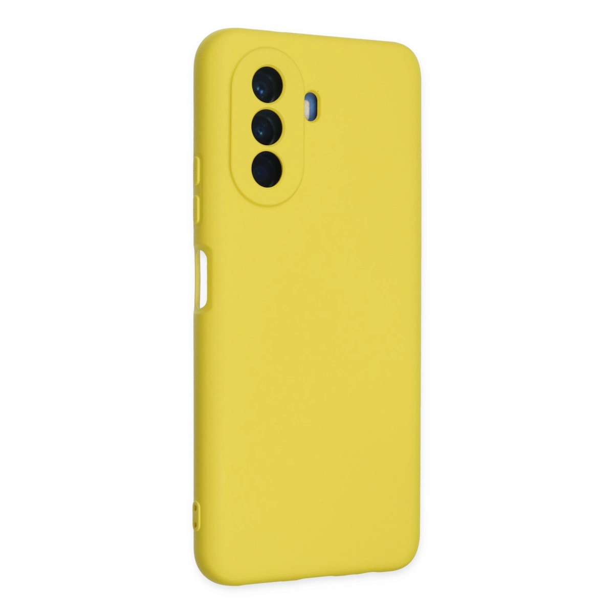 Üç kamera lensi ve tek LED flaş açıklığına sahip sarı telefon kılıfı.