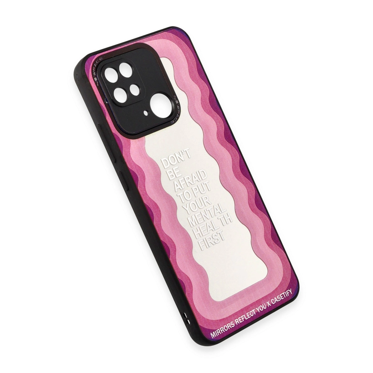 Pembe dalgalı telefon kılıfı üzerinde yazı: Akıl sağlığınızı önceliklendirmekten korkmayın.