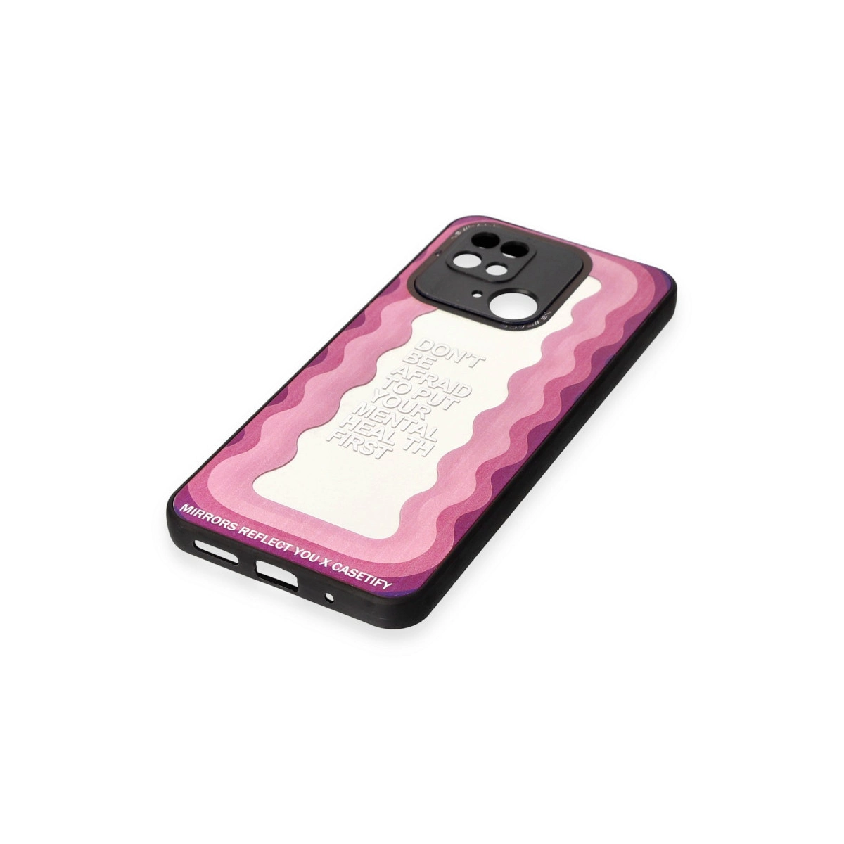 Pembe dalgalı telefon kılıfı, 'Ruh sağlığınızı önceliklendirmekten korkmayın' yazılı.