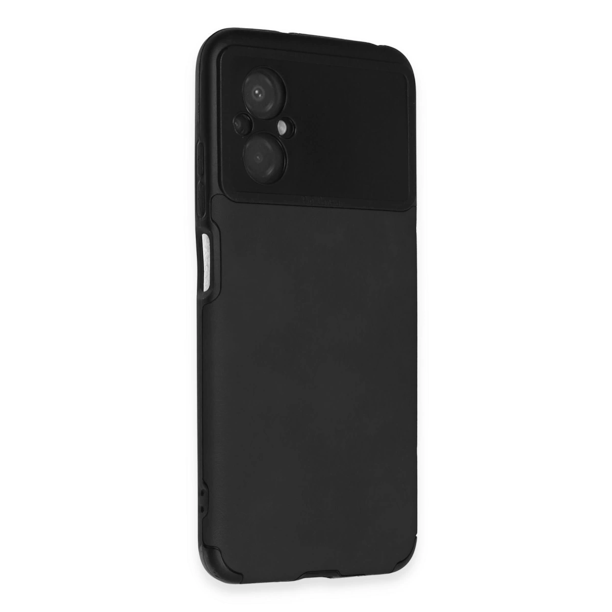 Kamera modüllü ve beyaz yan düğmeli siyah telefon kılıfı.