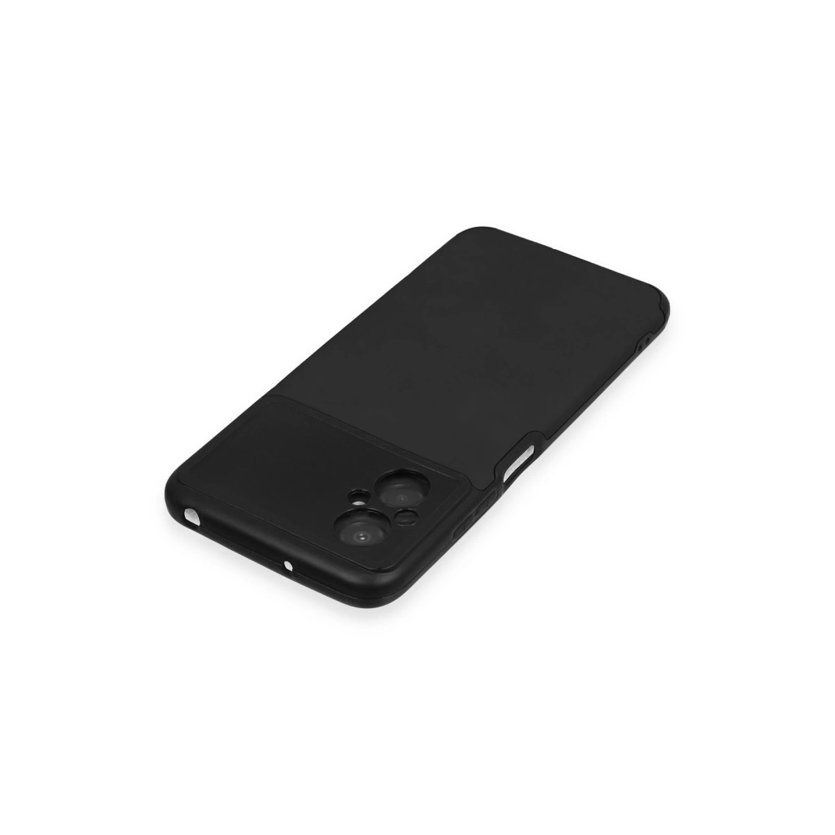 Beyaz arka plan üzerinde iki kamera lensli siyah telefon kılıfı.