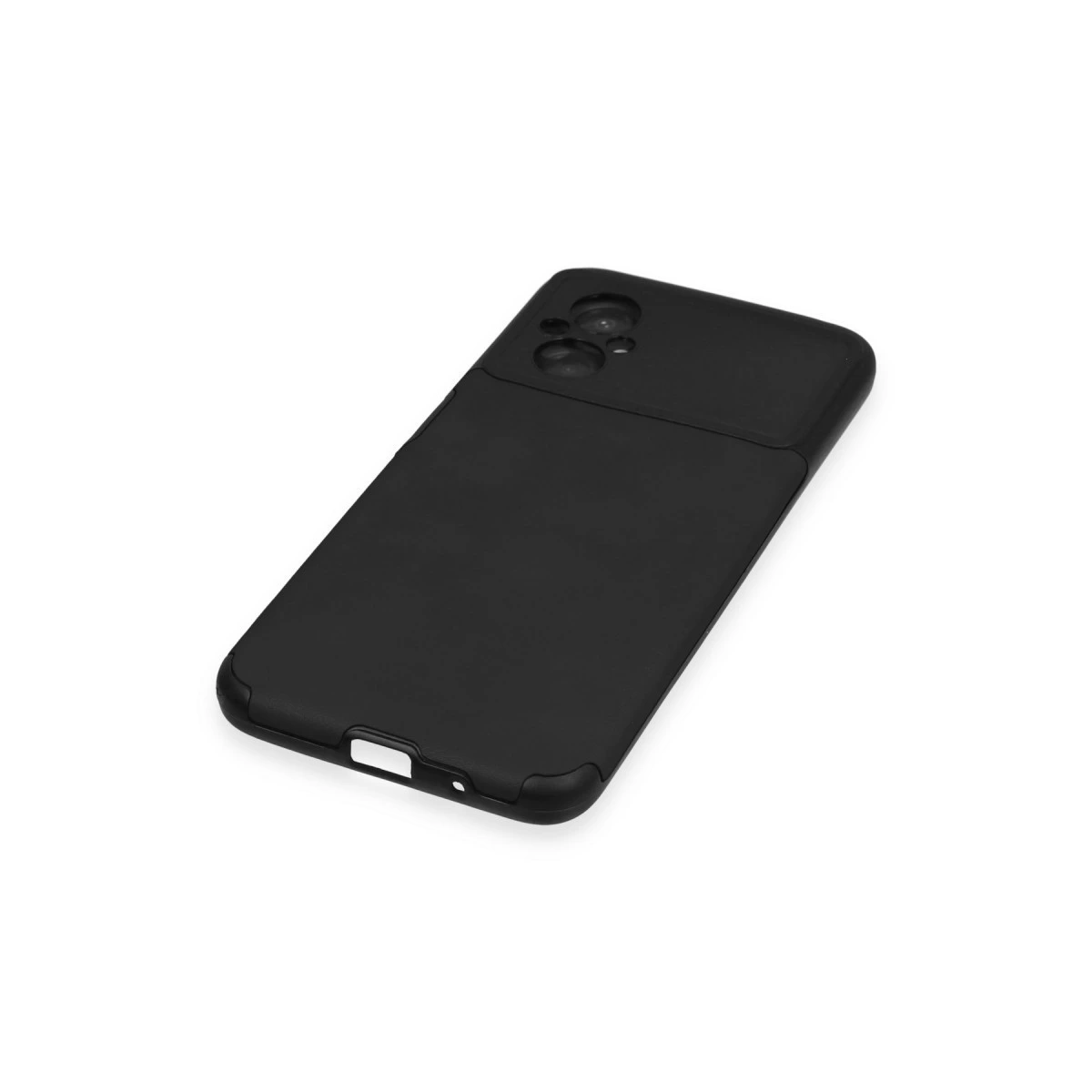 Kamera ve bağlantı noktası kesikleri olan siyah akıllı telefon kılıfı, beyaz zeminde.