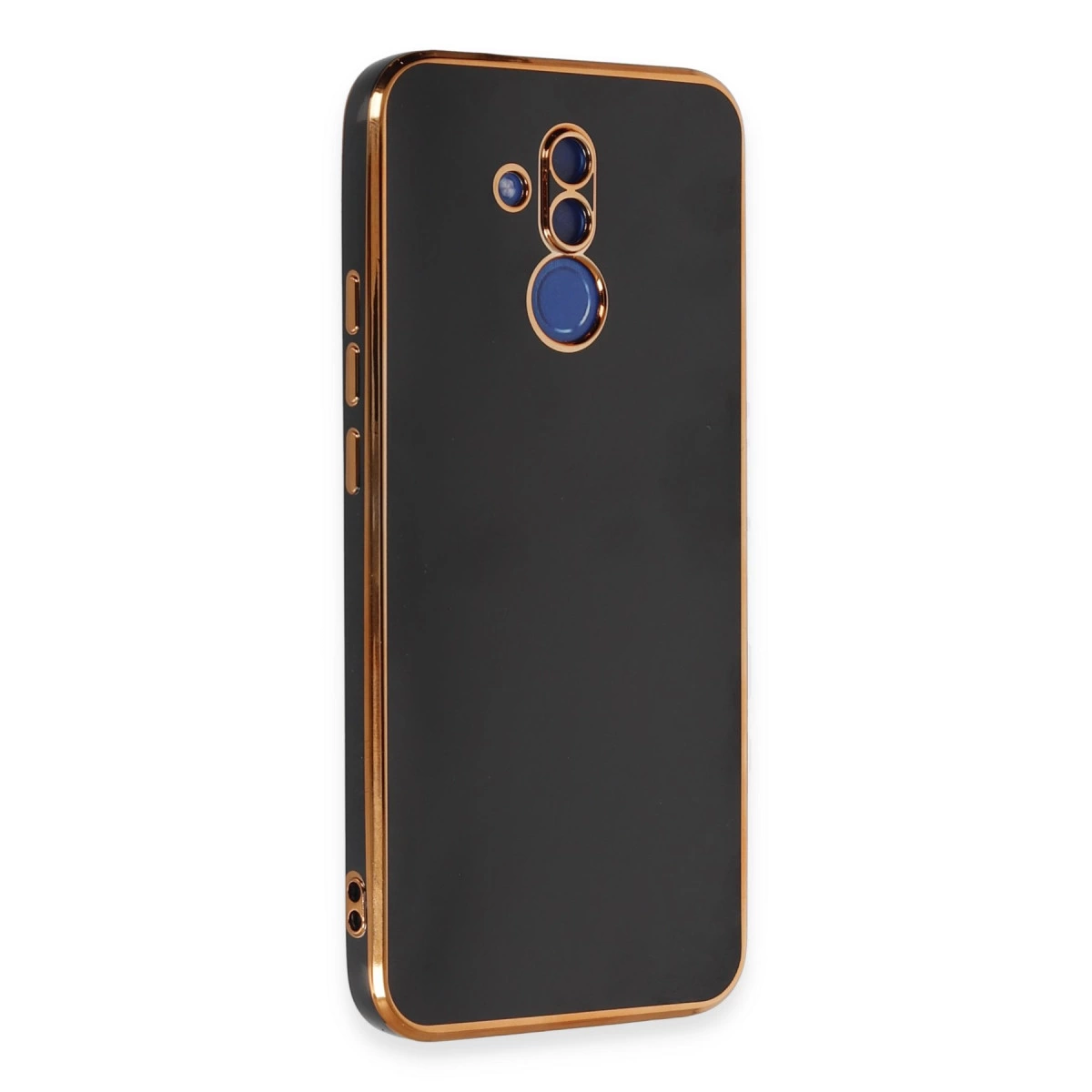 Altın kenarlı ve kamera kesimli siyah telefon kılıfı.