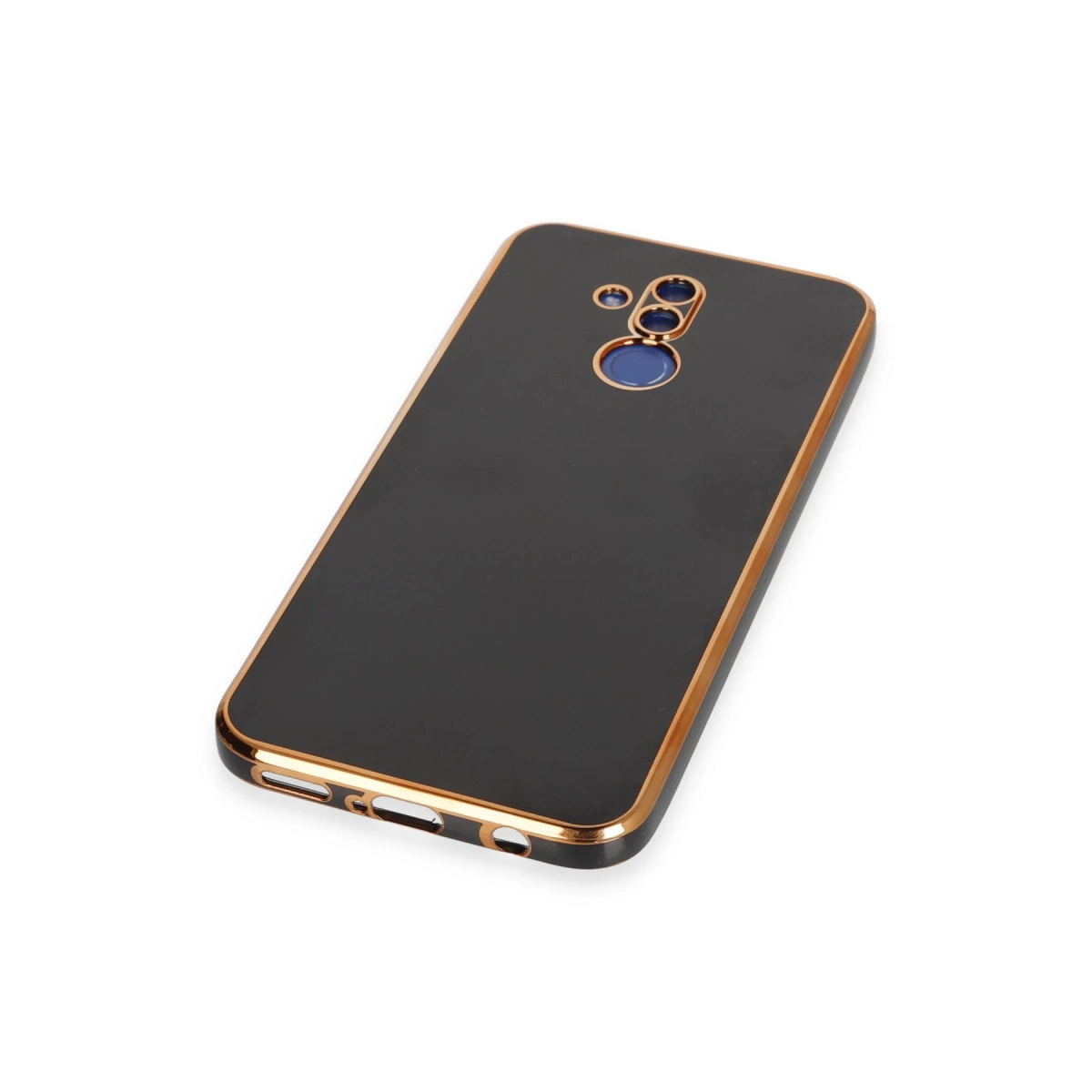 Altın kenarlı ve kamera lensli siyah telefon kılıfı, beyaz arka plan üzerinde.