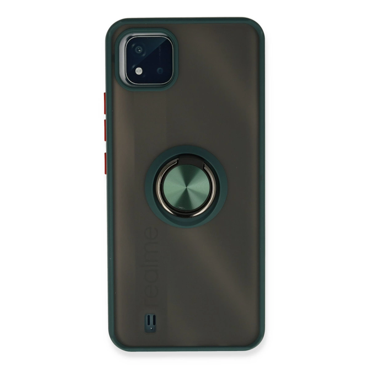 Halka tutuculu ve kamera dizilimli koyu gri telefon kılıfı.