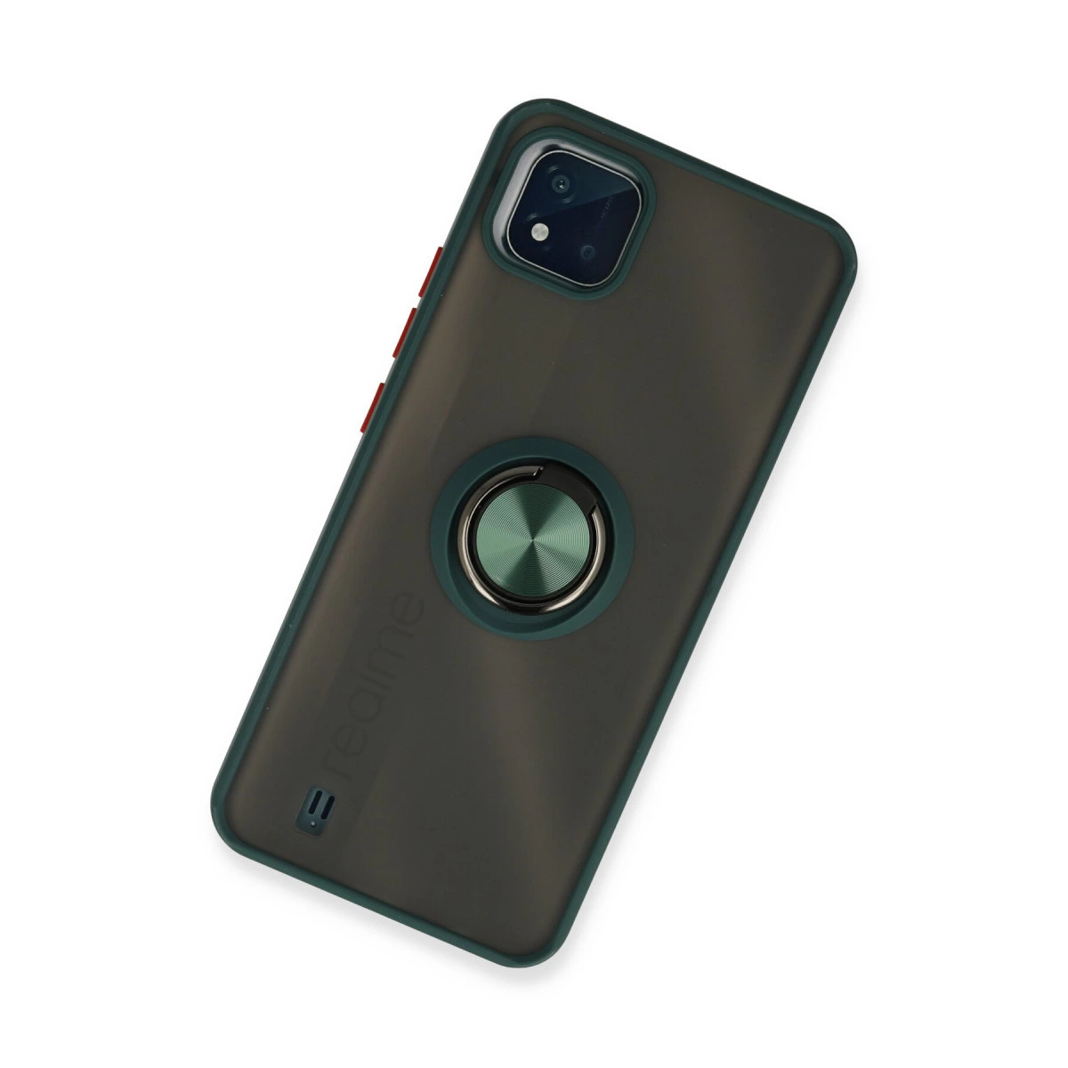 Realme logolu, halka tutuculu koyu gri telefon kılıfı.