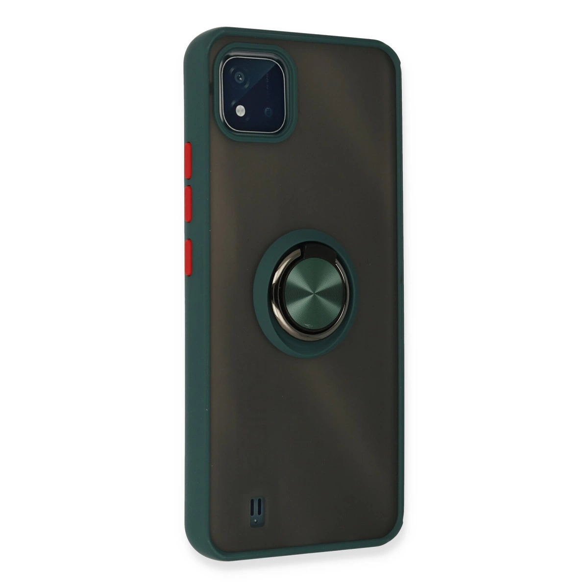 Siyah halka tutuculu ve kırmızı düğmeli koyu yeşil telefon kılıfı.