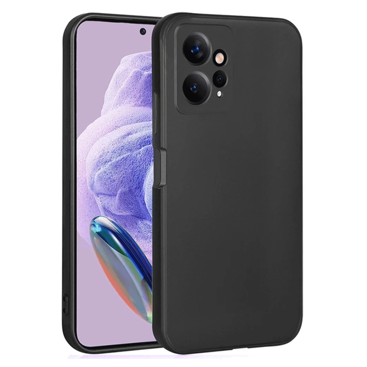 Kamera modülü olan siyah telefon kılıfı, mor arka planlı akıllı telefonun yanında.