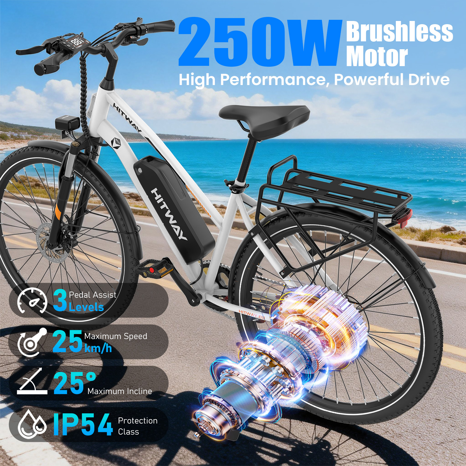 A white e-bike with a black rear rack and motor view by the sea.