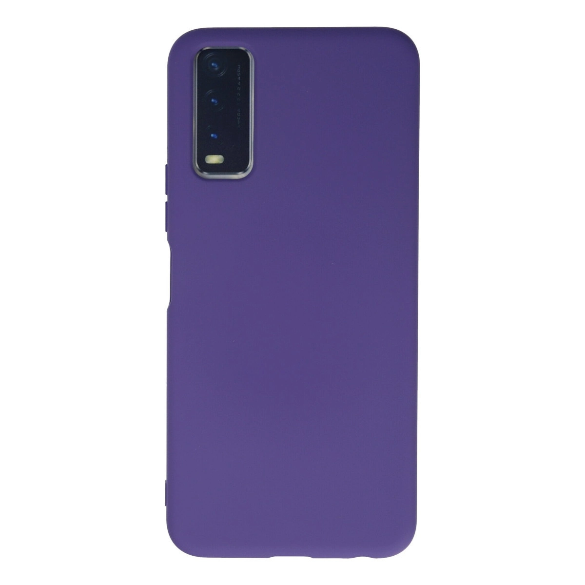 Sol üstte dikdörtgen kamera modülüne sahip mor telefon kılıfı.