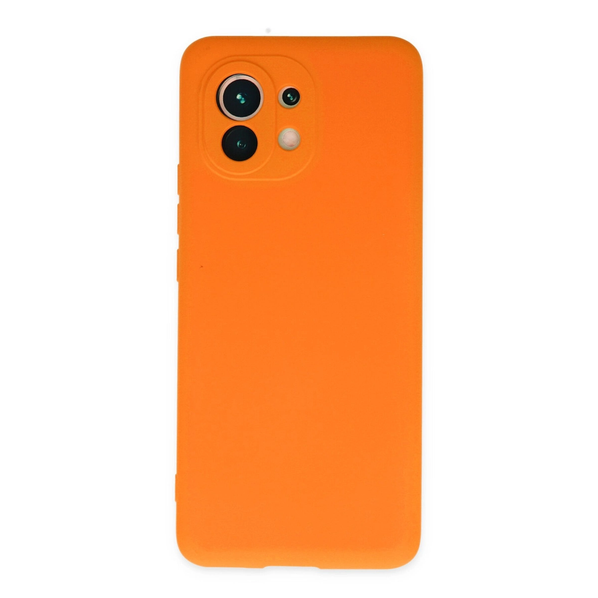 Sol üstte üçlü kamera lensli turuncu telefon kılıfı.
