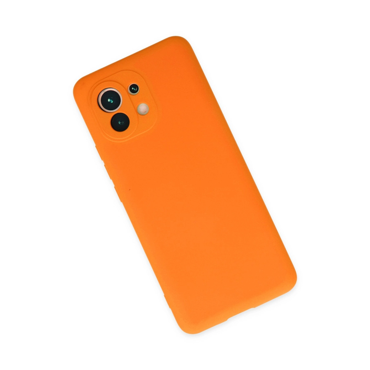Sol üstte kamera lensi olan parlak turuncu telefon kılıfı.