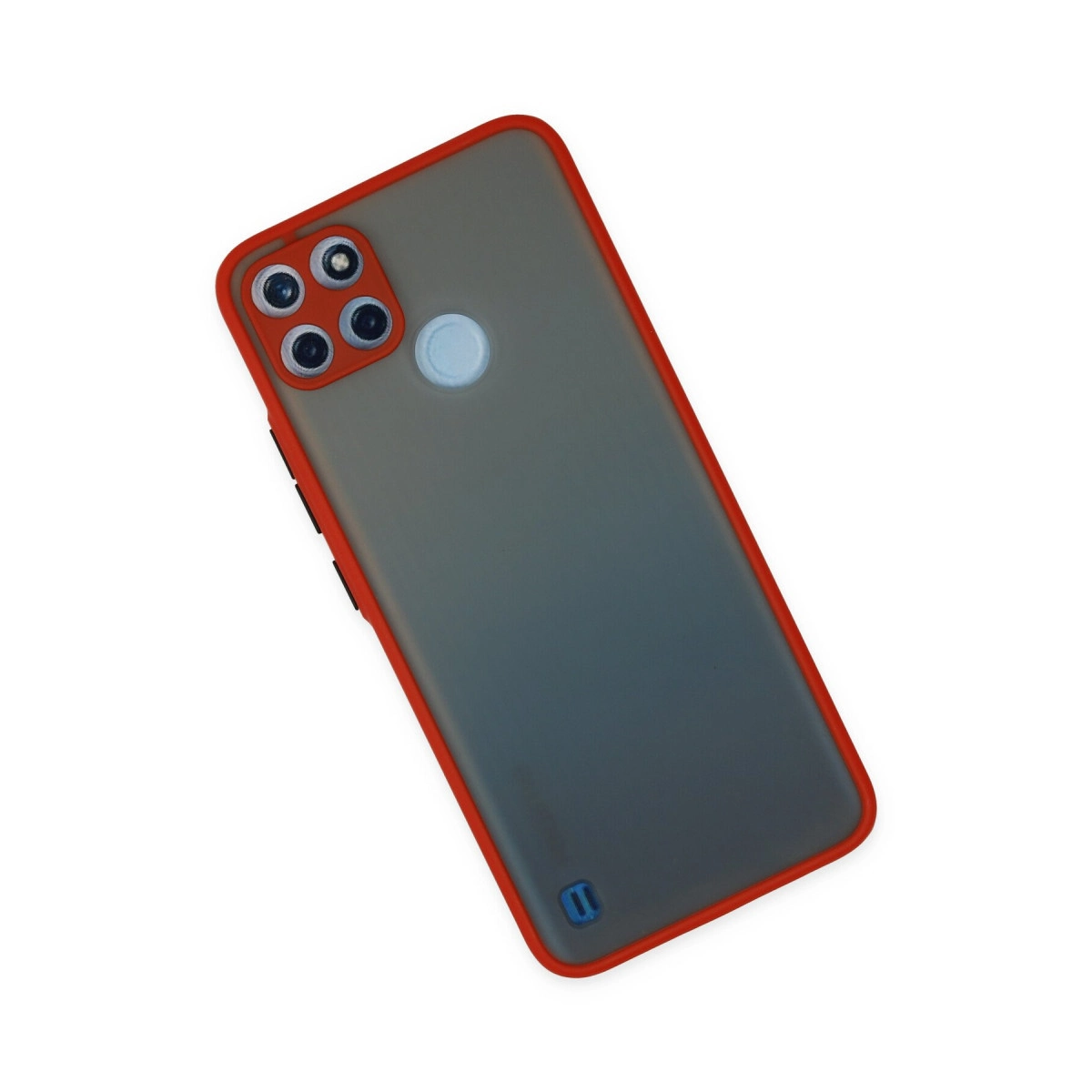 Kırmızı kenarlı ve dört kameralı gri telefon kılıfı.