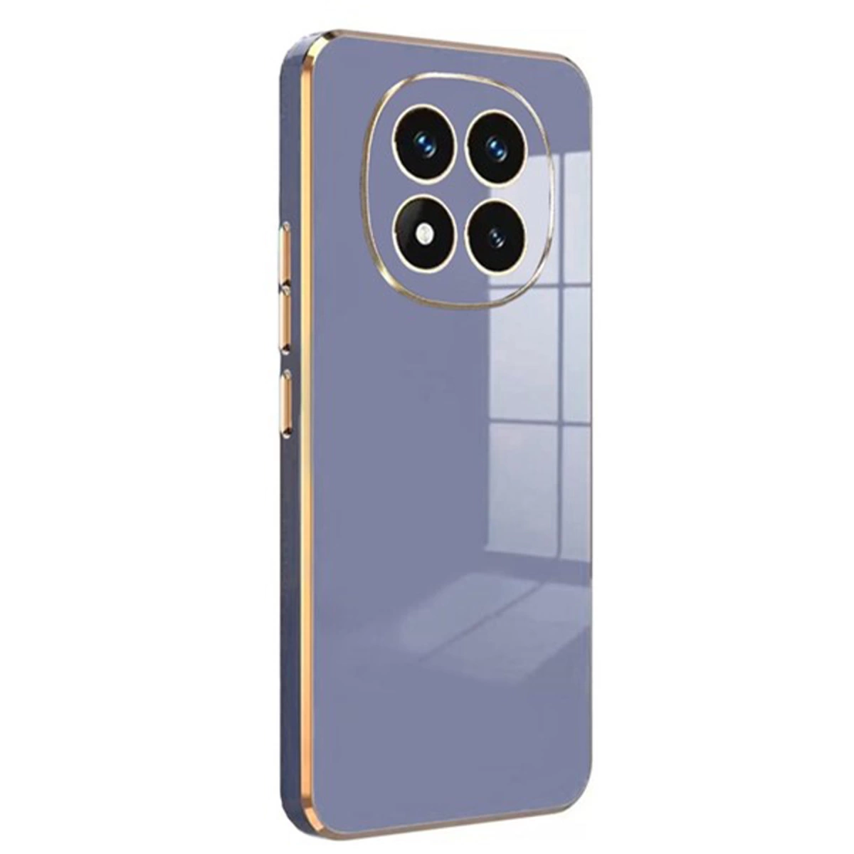 Dört kameralı, altın kenarlı mor telefon kılıfı.