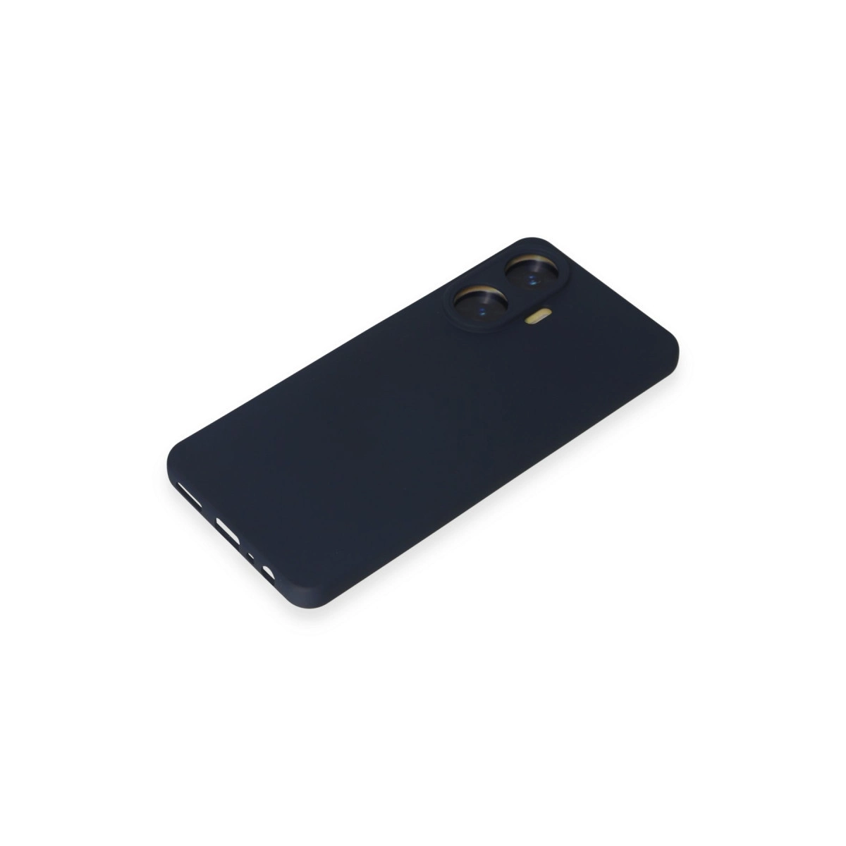 Beyaz arka plan üzerinde iki kamera lensi ve flaşlı lacivert telefon kılıfı.