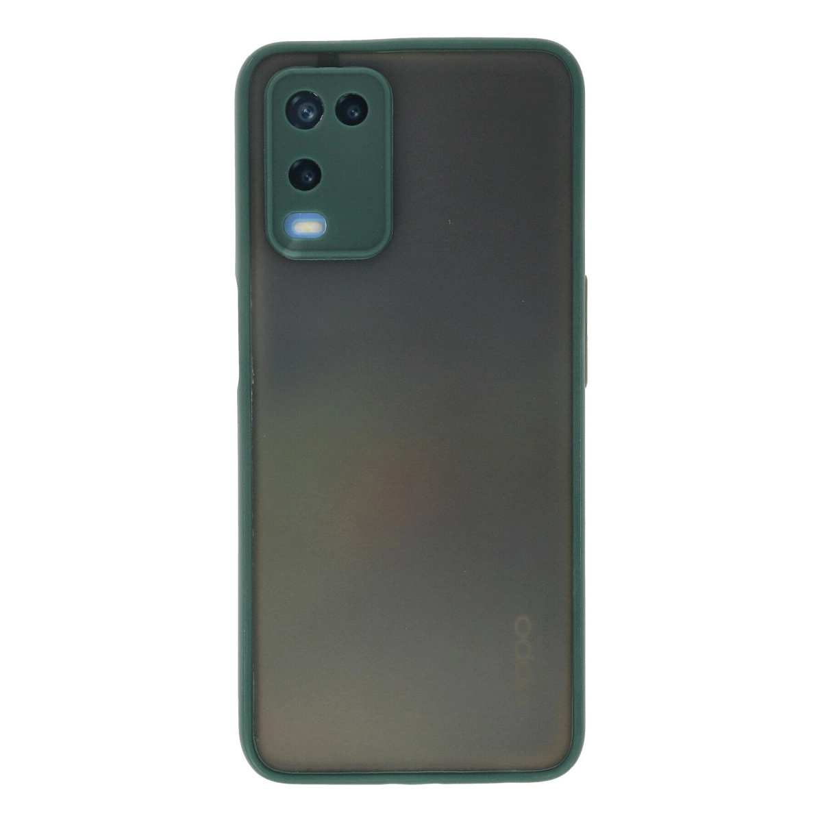 Yeşil kılıflı, üç kameralı ve flaşlı koyu gri telefon.