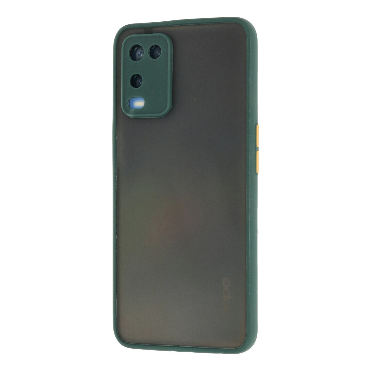 Siyah mat arka ve üç kamera lensli koyu yeşil telefon kılıfı.