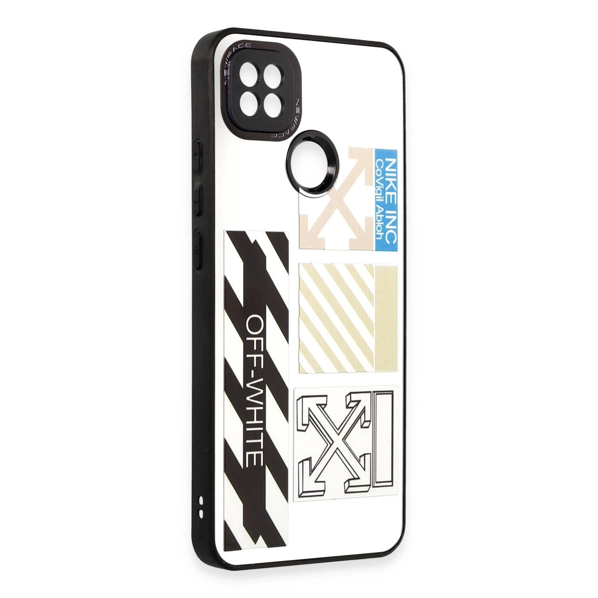 Siyah ve bej çıkartmalı beyaz telefon kılıfı, Off-White logosu.