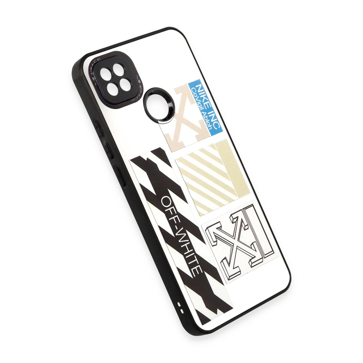 Siyah ve beyaz Off-White logolu beyaz telefon kılıfı.
