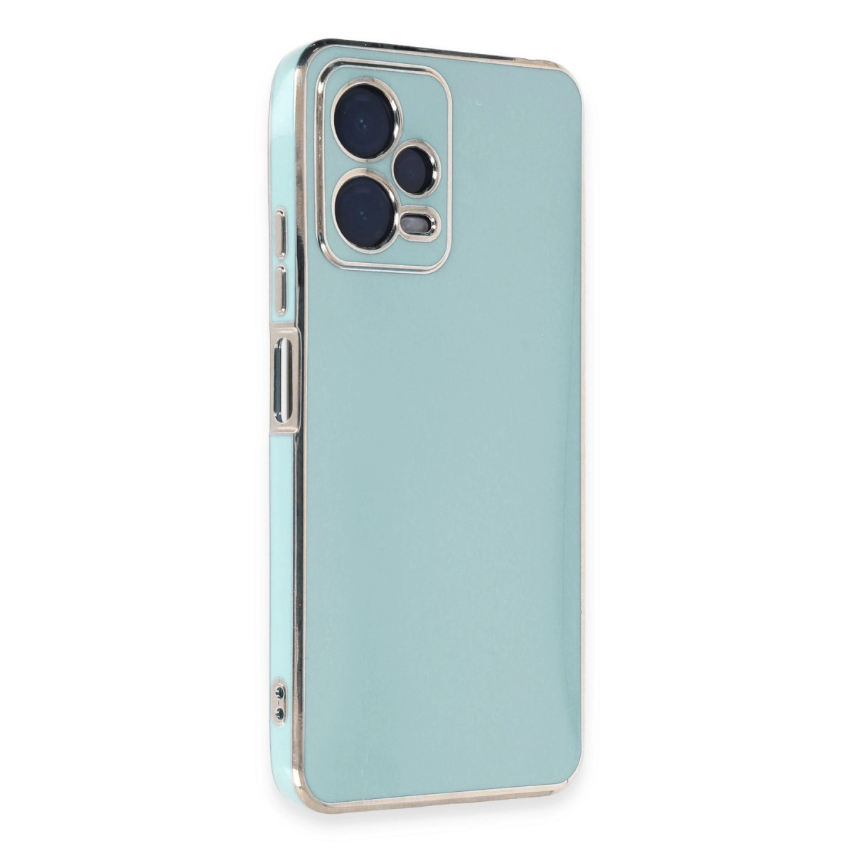 Gümüş kenarlı ve kamera modüllü açık mavi telefon kılıfı.
