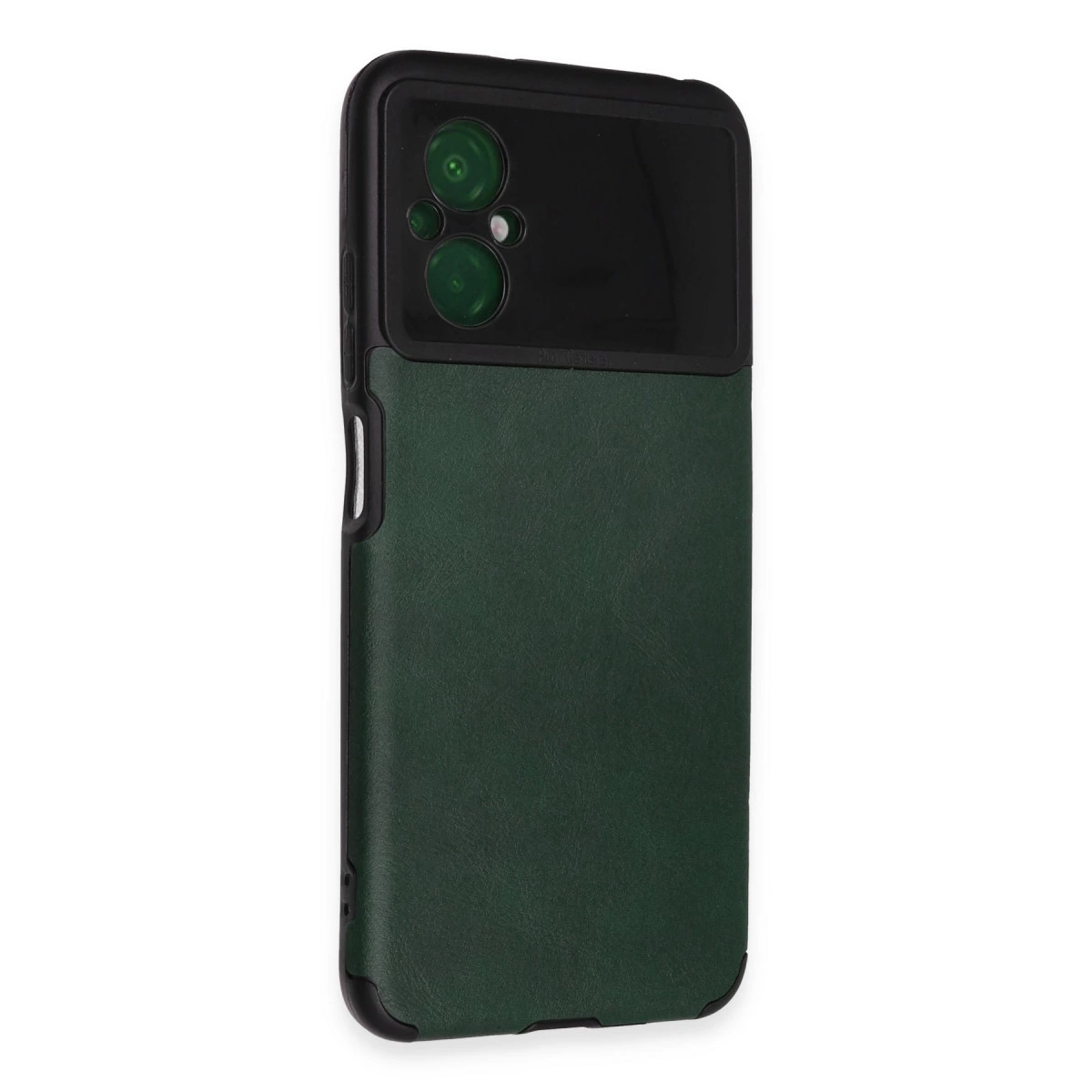 İki lensli siyah kamera modülüne sahip koyu yeşil telefon kılıfı.