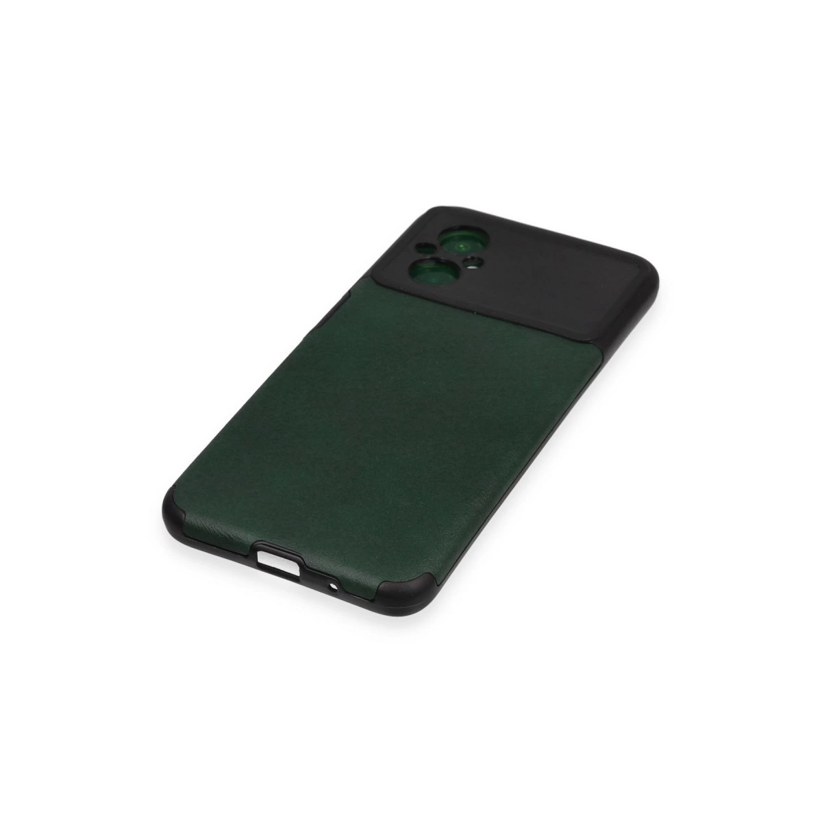 Siyah kamera alanlı koyu yeşil telefon kılıfı, beyaz arka plan üzerinde.