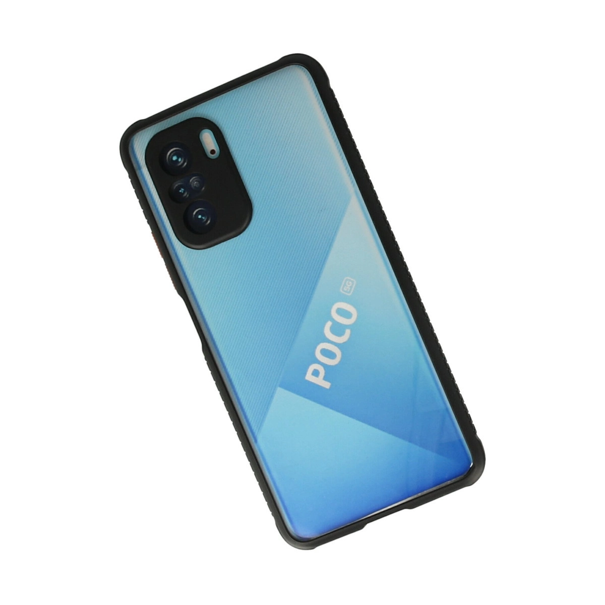 Siyah kılıflı mavi POCO 5G akıllı telefonun arkası.