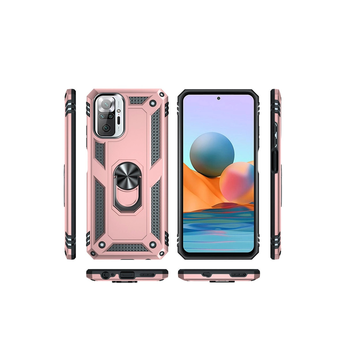 Halka tutuculu pembe telefon kılıfı ve renkli duvar kağıtlı bir akıllı telefon.