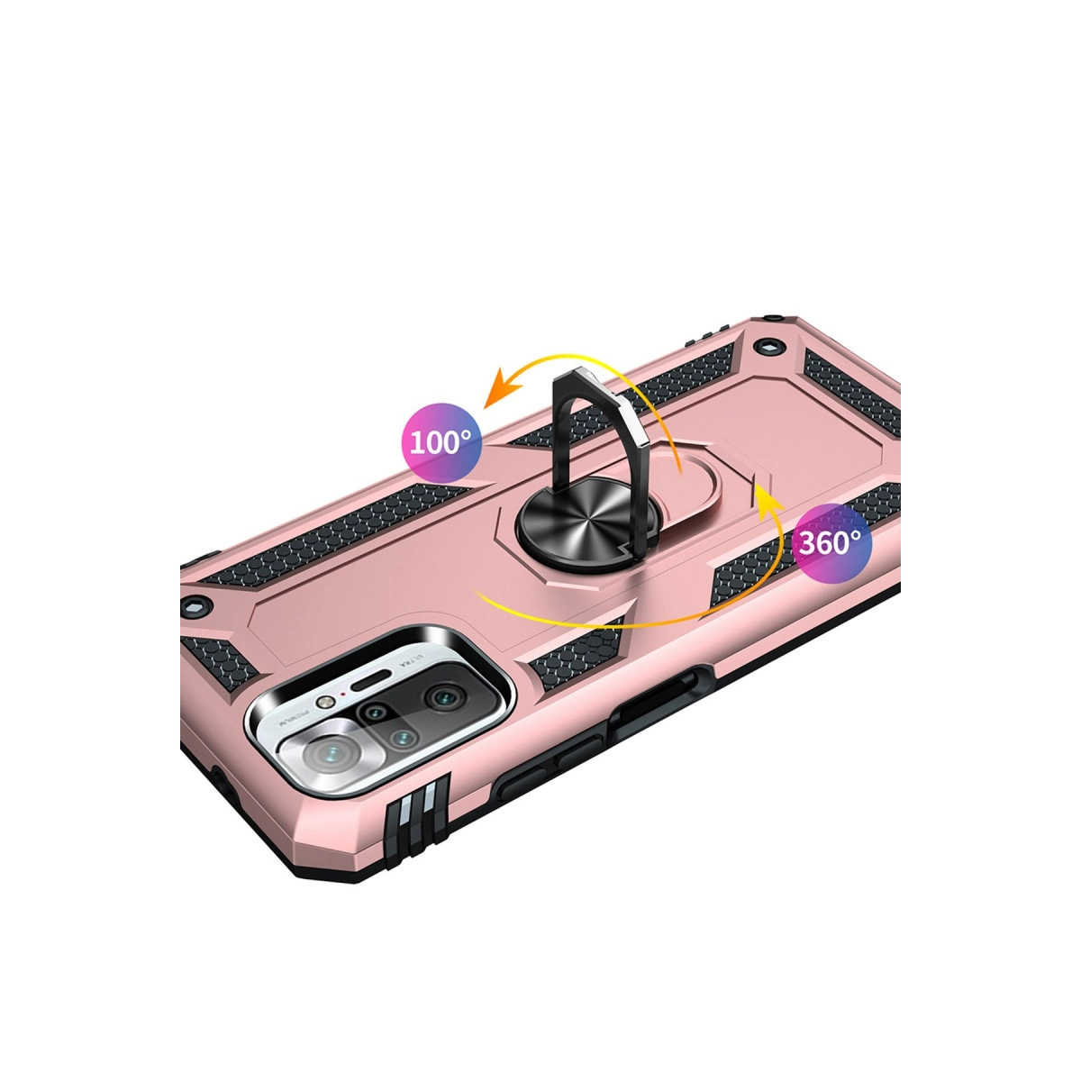 Halka tutuculu pembe telefon kılıfı, 100° ve 360° dönüşleri gösteriyor.