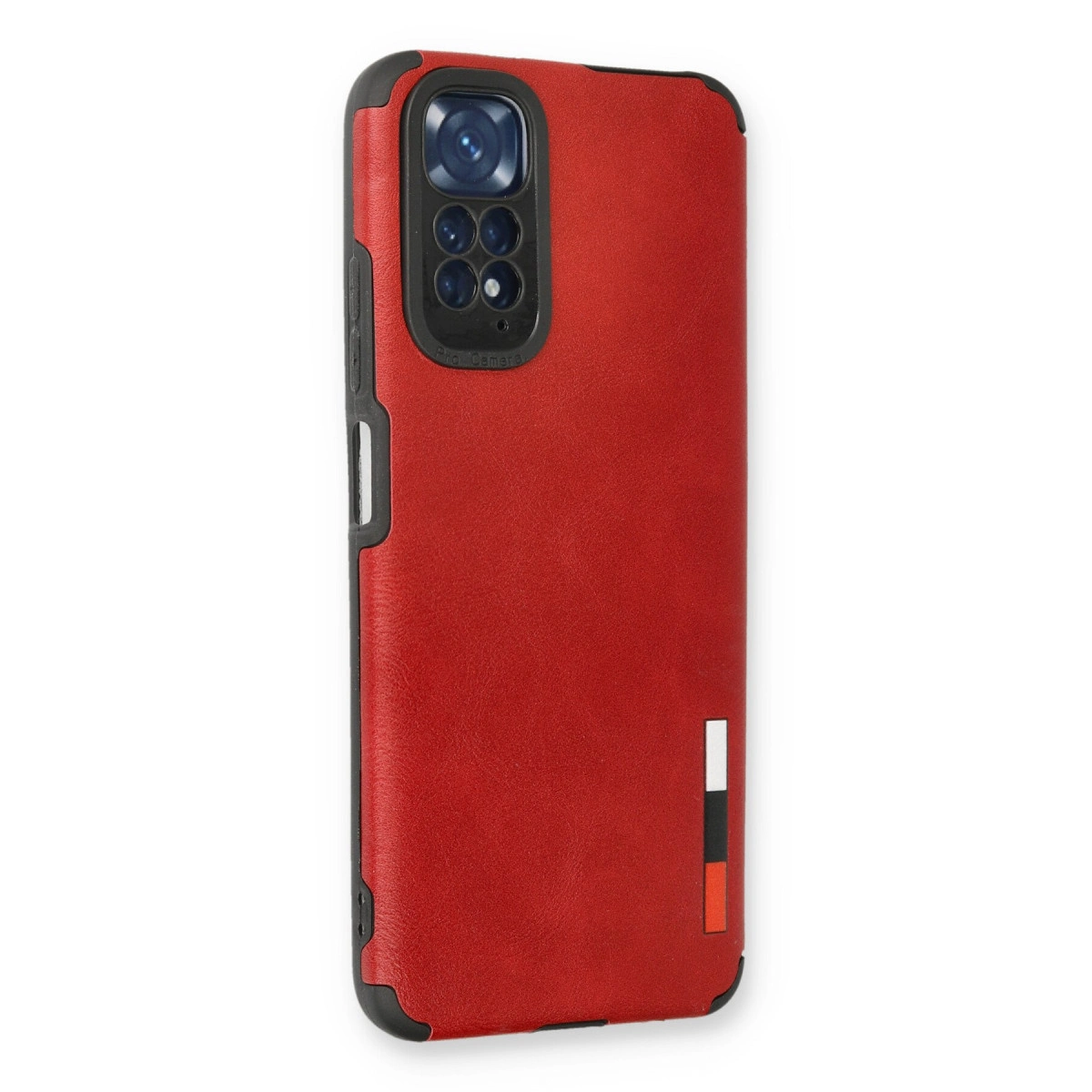 Siyah kamera modüllü kırmızı telefon kılıfı ve altta üç dikey şerit.
