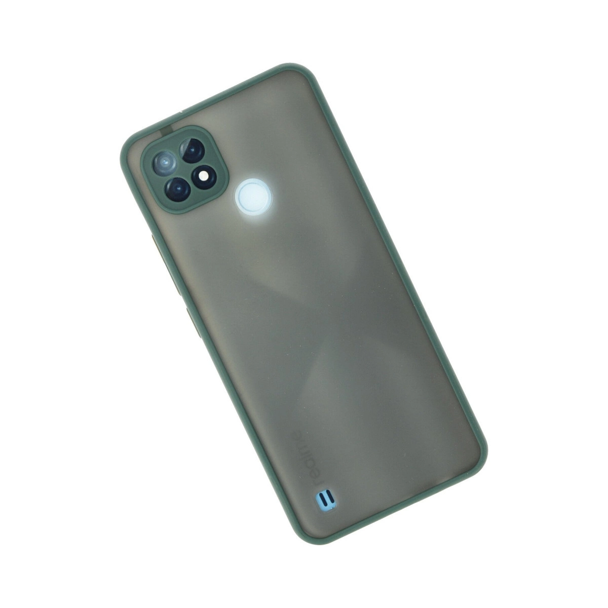 Kamera lensi ve flaşlı koyu gri telefon kılıfı, altta logo.
