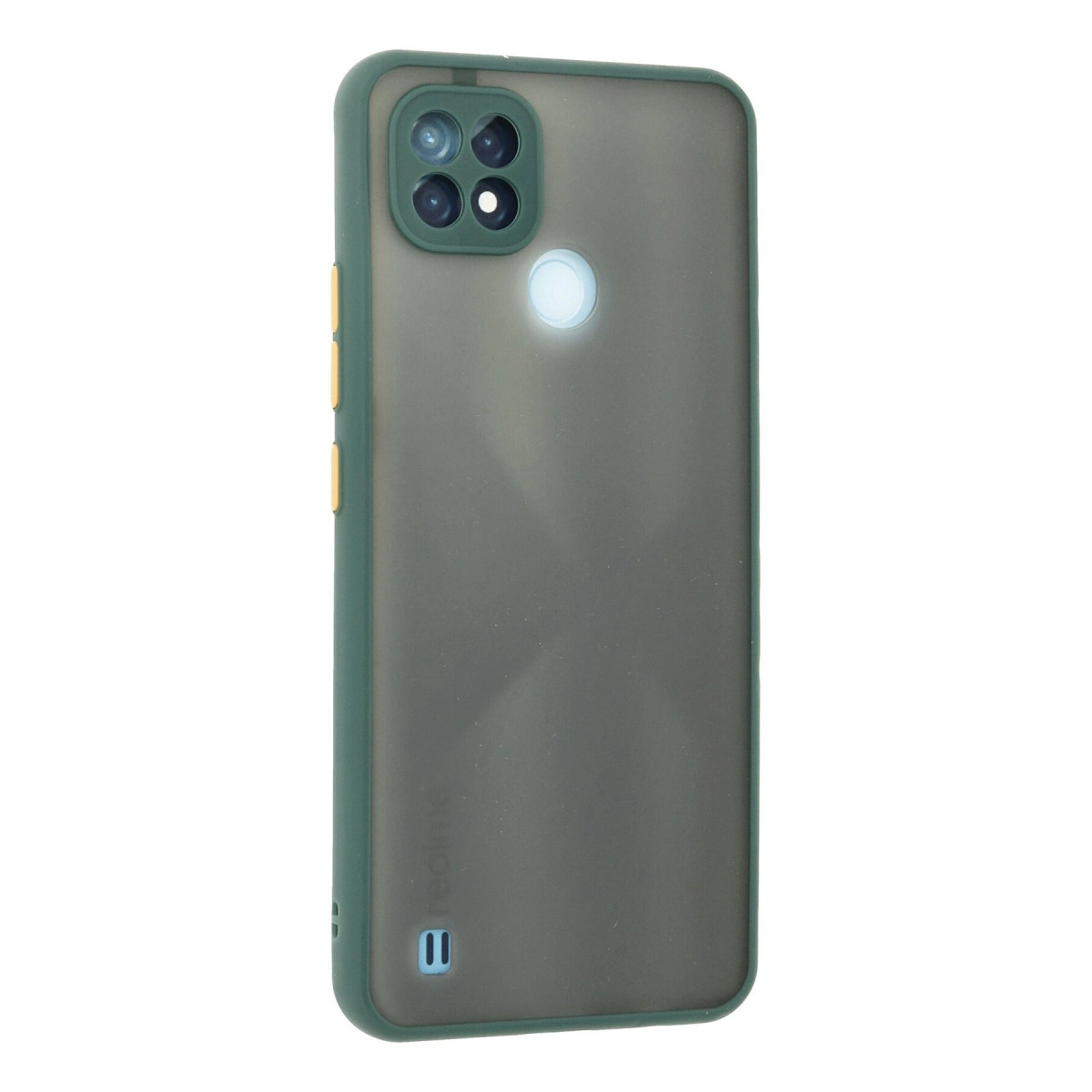 Dörtlü kamera ve flaşlı koyu yeşil telefon kılıfı.