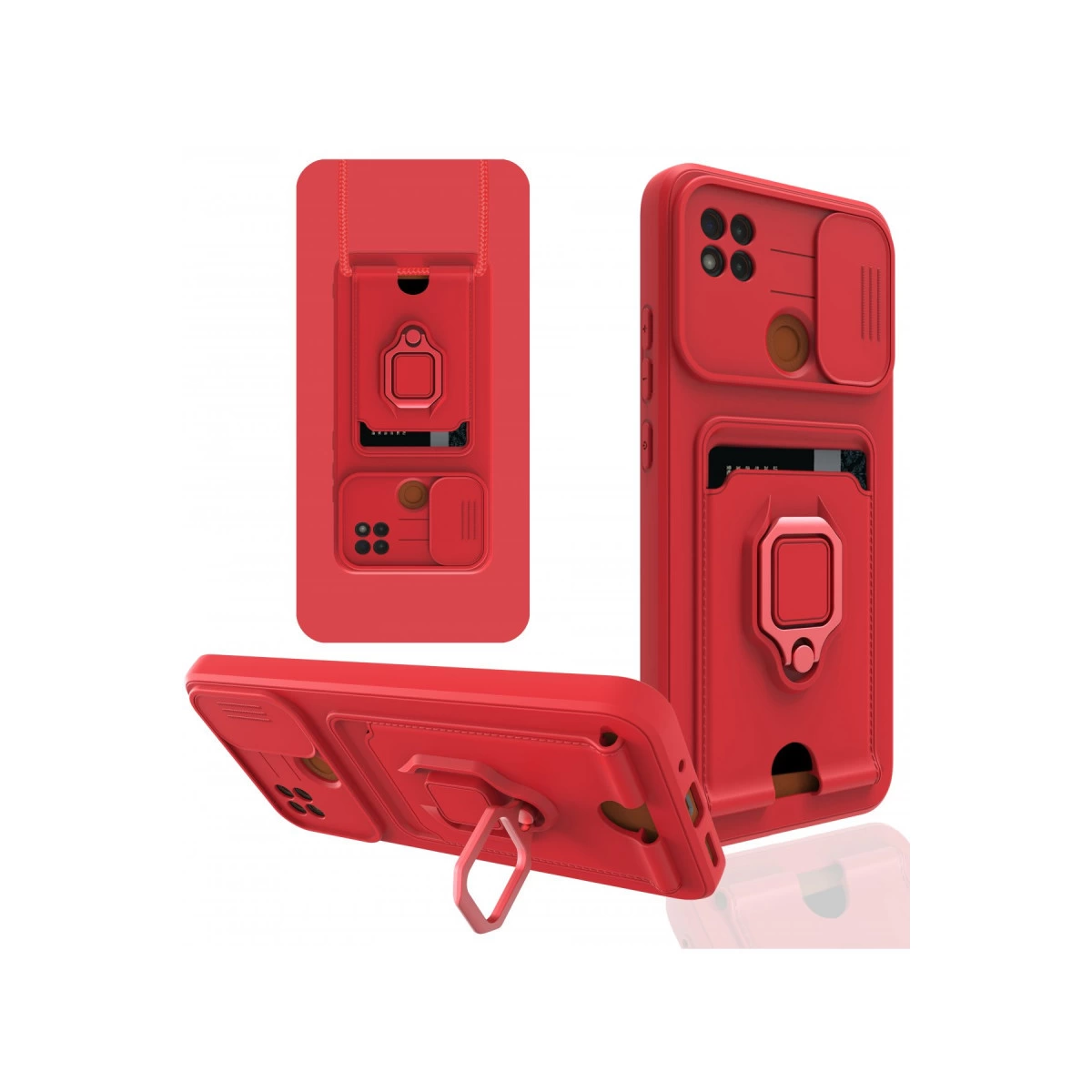 Kamera kapaklı, kart yuvalı ve halka tutuculu kırmızı telefon kılıfı.