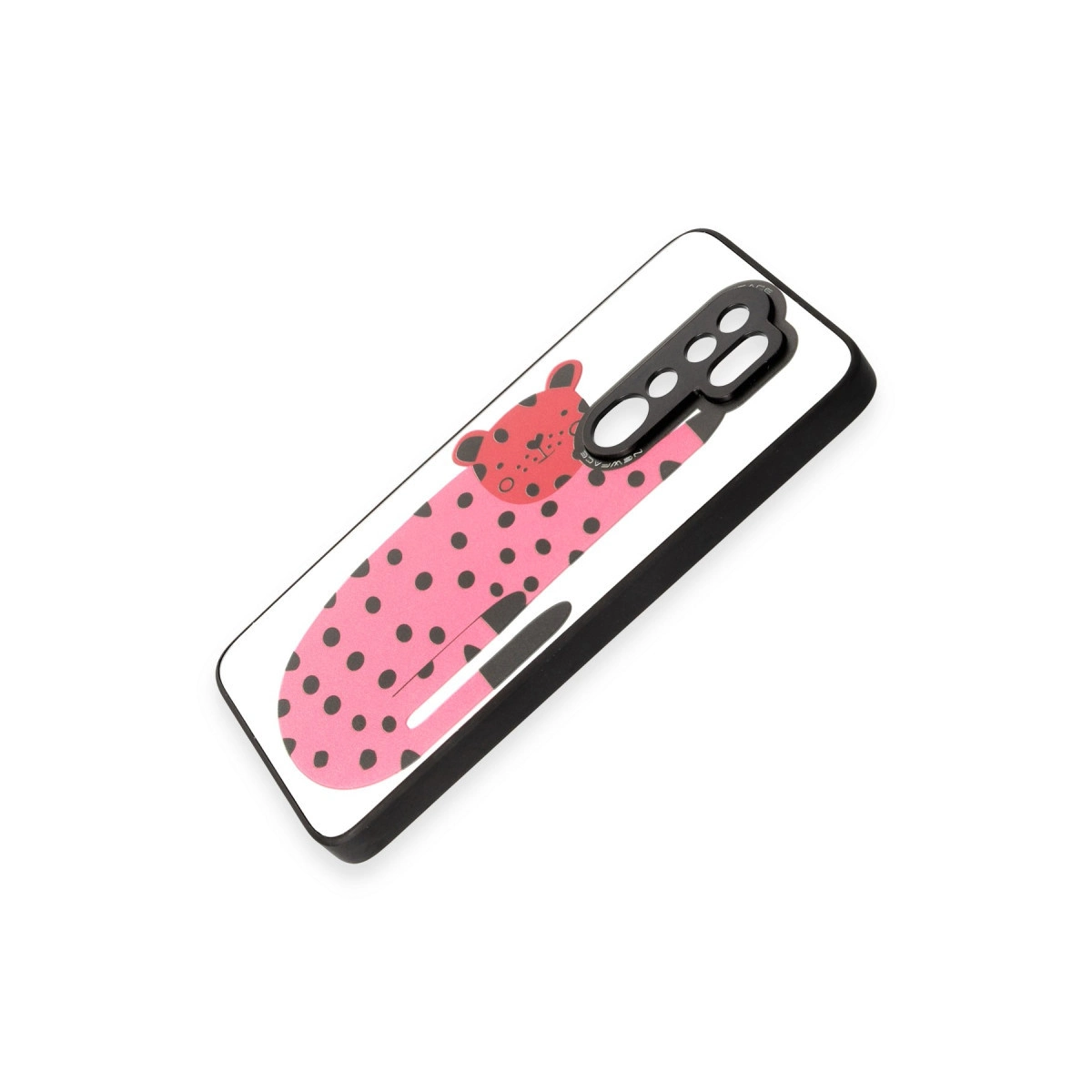 Siyah puantiyeli ve leopar desenli pembe telefon kılıfı.