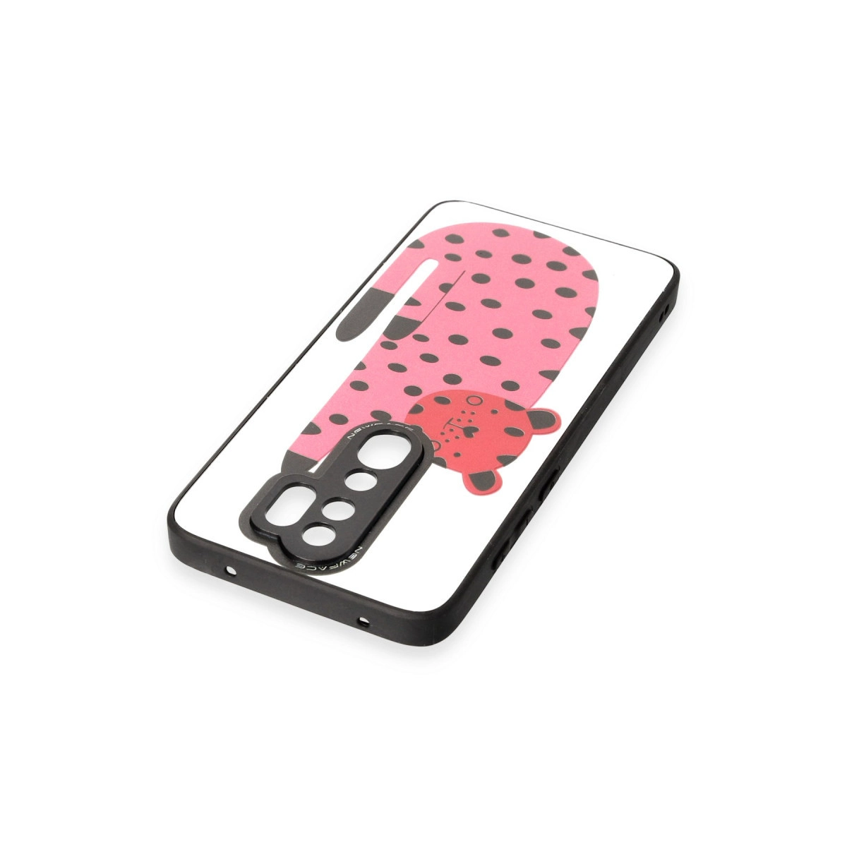 Siyah puantiyeli ve kırmızı leopar desenli pembe telefon kılıfı.
