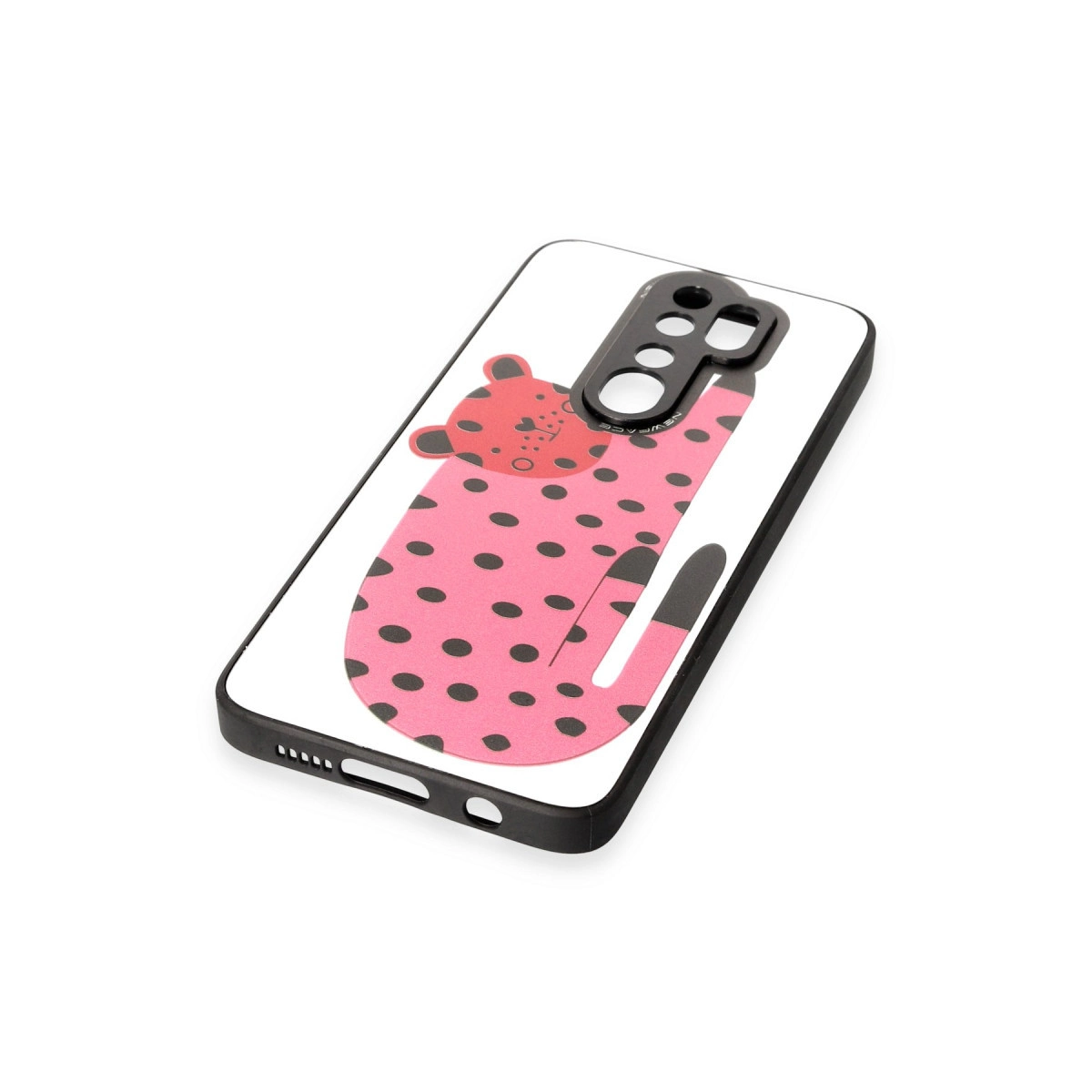Siyah puantiyeli ve leopar desenli pembe telefon kılıfı.