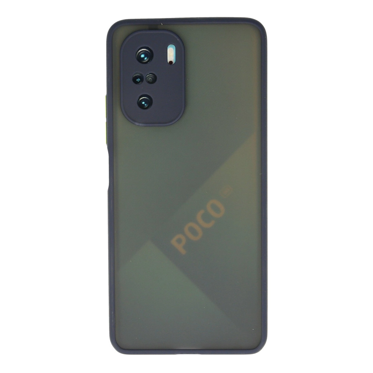 POCO logosu ve üçlü kamera modülü olan koyu yeşil telefon kılıfı.
