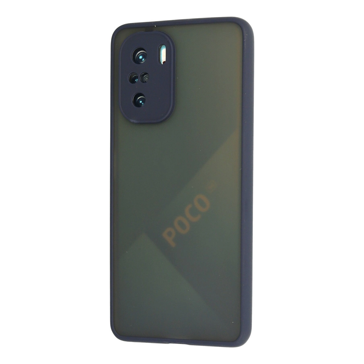 Arkada POCO logosu ve kamera lensleri bulunan koyu yeşil telefon kılıfı.