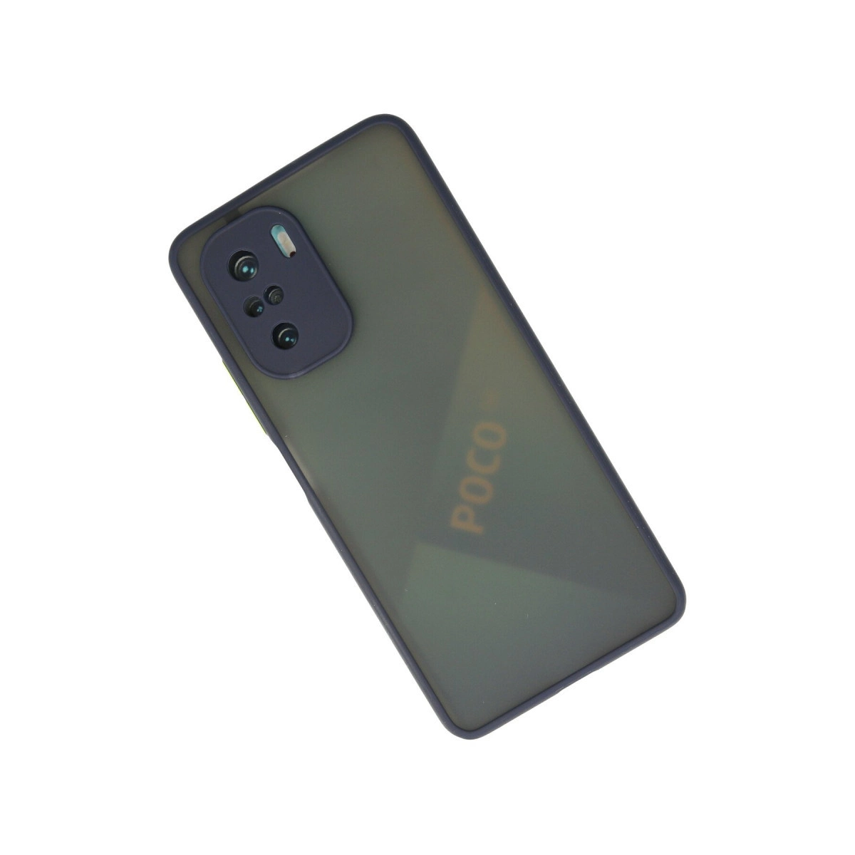 POCO logolu ve üçlü kameralı koyu yeşil telefon kılıfı.