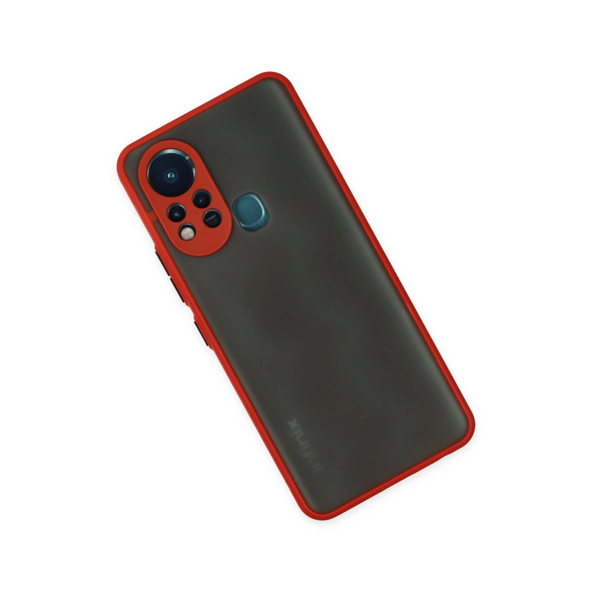 Kamera modüllü, kırmızı kenarlı koyu gri telefon kılıfı.