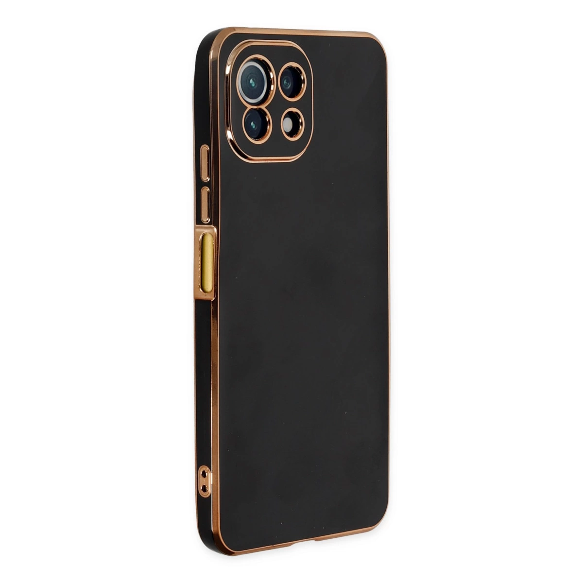 Dört kamera lensli, altın kenarlıklı siyah telefon kılıfı.