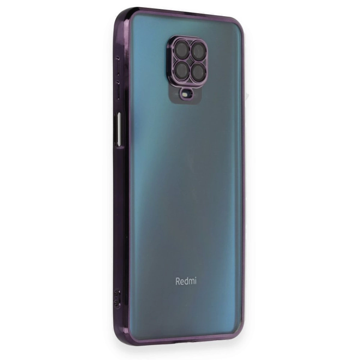 Turkuaz zeminde dörtlü kamera ve Redmi logosu bulunan mor telefon kılıfı.