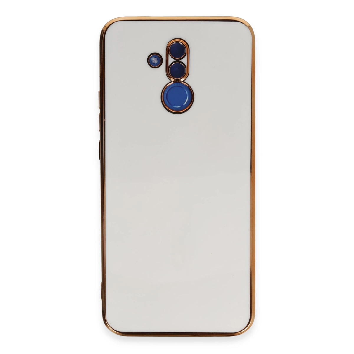 Altın kenarlı, kamera açıklığı olan beyaz telefon kılıfı.
