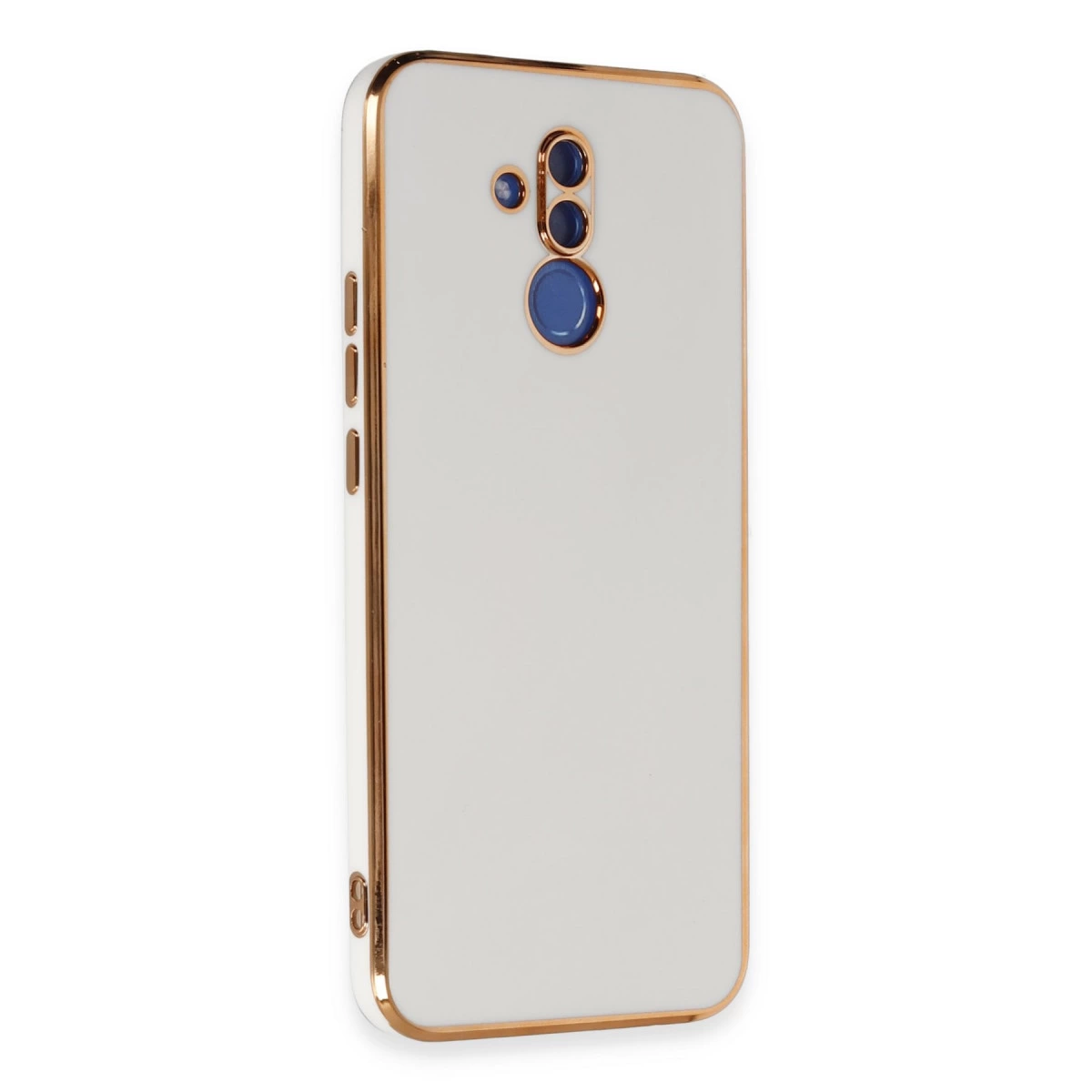 Altın kenarlı, kamera kesimli beyaz telefon kılıfı.